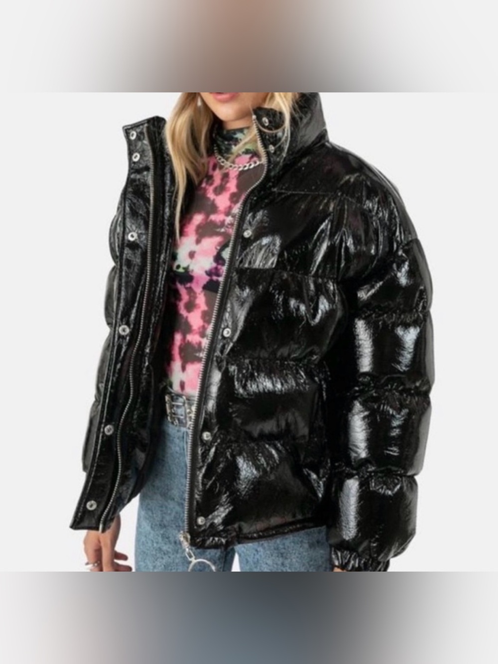 Black High-Shine Puffer Jacket - Women's Coat